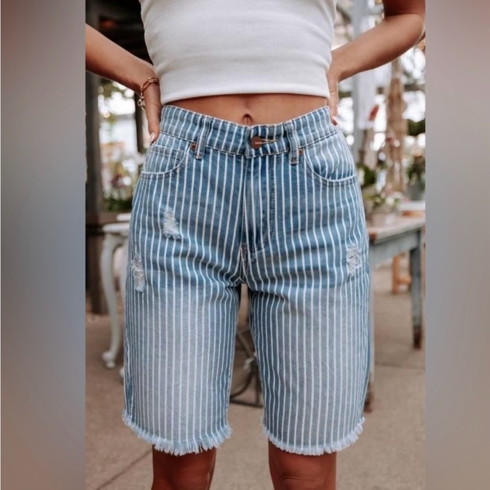 Bohme Blue and White Jean Shorts Relaxed Fit